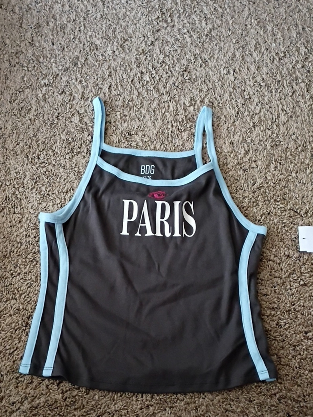 BDG Black Tank Top with Light Blue Trim and 'PARIS' Graphic.Jr. size.